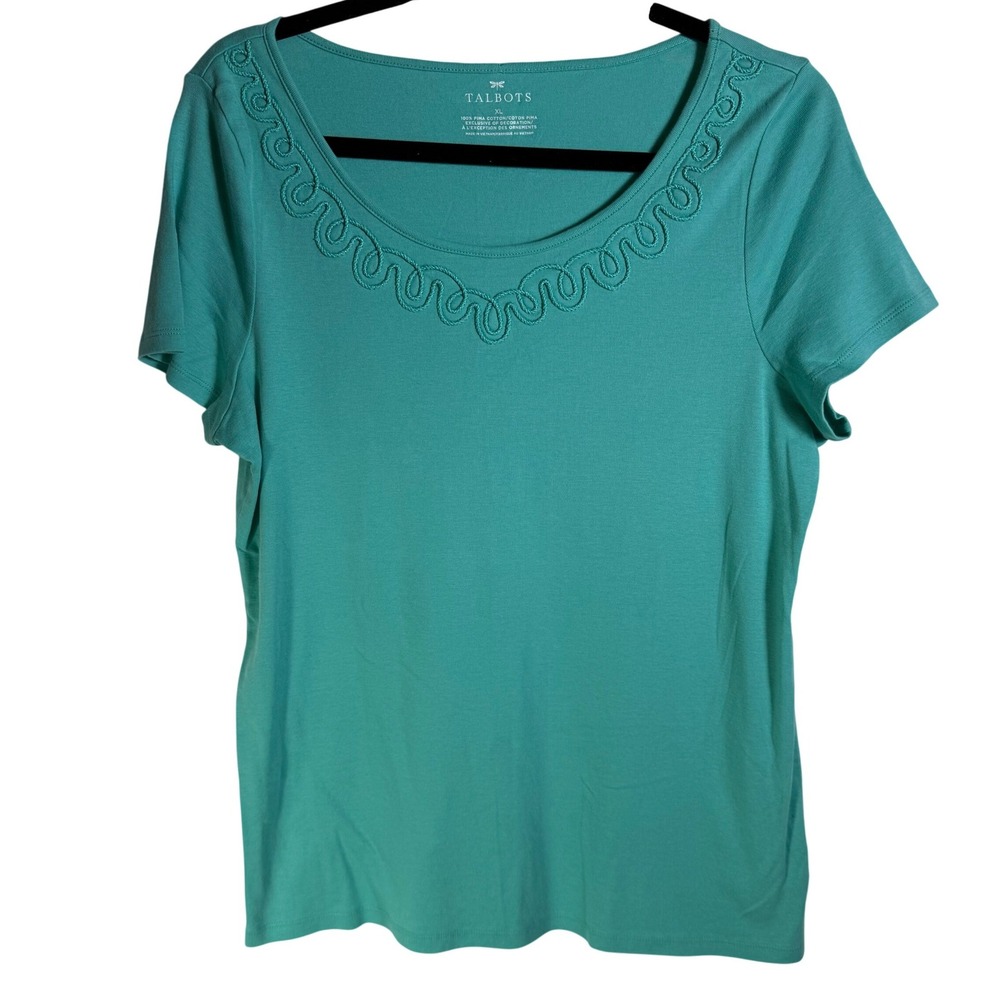 Talbots Womens XL Teal Pima Cotton Short Sleeve Soutache Embroidered Scoop Neck